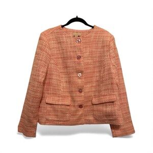 NWT Appleseeds Women's Size 16 Tweed Blazer Jacket Coral Pink White Collarless